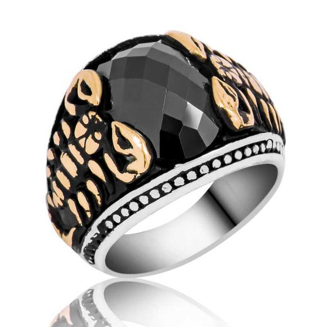 Men's Statement Ring - Silver-Tone with Black Stone & Gold-Tone Scorpion Design