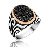 Men's Ring - Silver & Rose Gold-Tone Black Zircon Engraved Ring