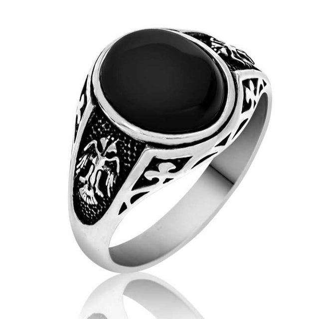 Men's Ring - Sterling Silver Black Onyx Double-Headed Eagle