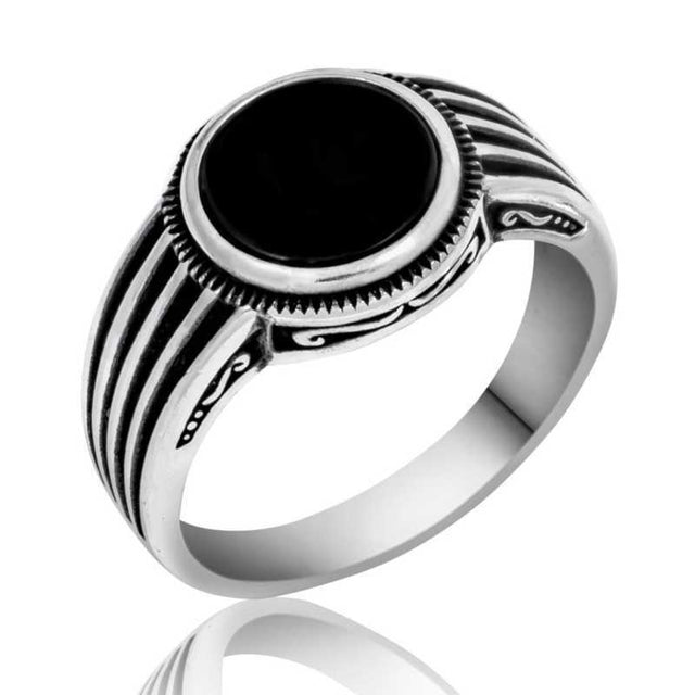 Men's Ring - Sterling Silver Black Onyx Striped Design