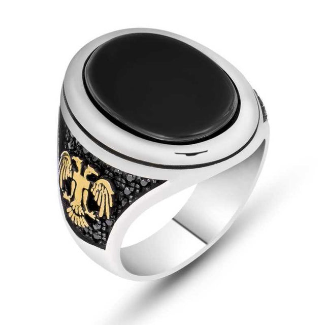 Men's Ring - Sterling Silver Black Onyx Double Eagle Statement Ring
