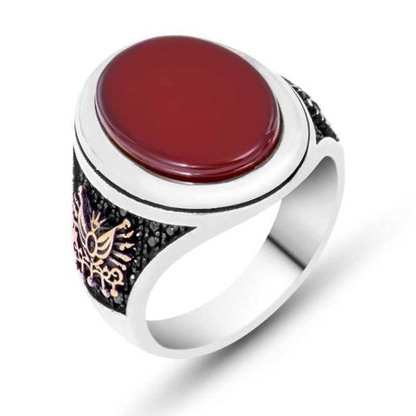 Men's Sterling Silver Red Agate Ottoman Emblem Statement Ring