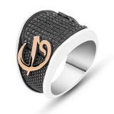 Men's Ring - Sterling Silver Black Zirconia Elif Vav Calligraphy