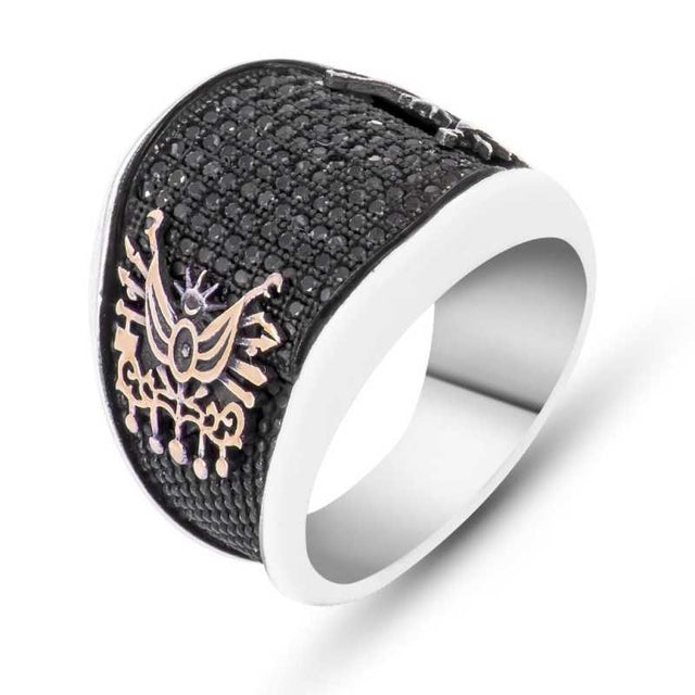Men's Ring - Sterling Silver Black Stone Ottoman Coat of Arms