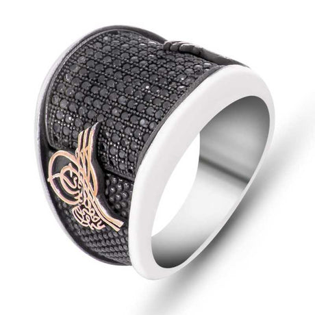 Men's Ring - Sterling Silver Black Zirconia Ottoman Tugra