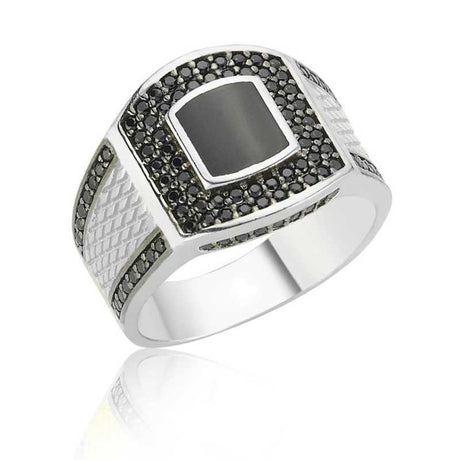 Men's Statement Ring - Sterling Silver Black Zirconia & Onyx