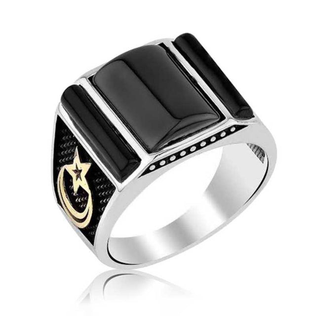 Men's Ring - 925 Sterling Silver Black Onyx Crescent Star