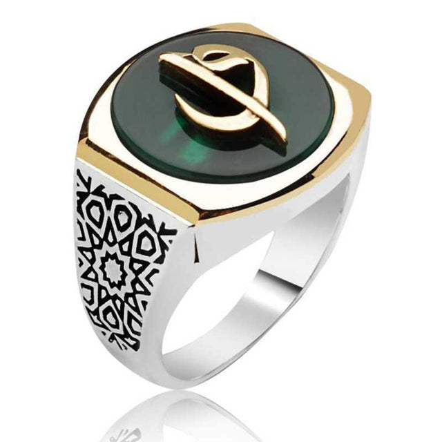 Men's Sterling Silver Ring - Green Agate Elif Vav Calligraphy