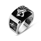 Sterling Silver Men's Ring - Black Enamel Lion Head Design