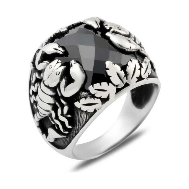 Men's Silver-Tone Scorpion Ring - Black Stone Statement Design