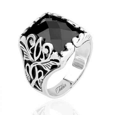 Men's Sterling Silver Ring - Black Faceted Stone with Ornate Engravings