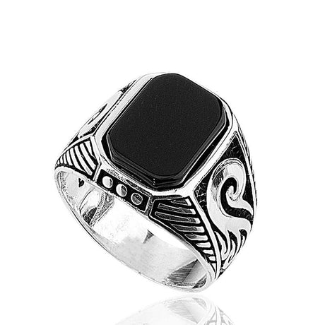 Men's Ring - Sterling Silver Black Onyx Ornate Statement Ring