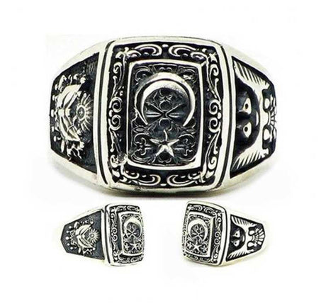 Men's Sterling Silver Ottoman Ring - Crescent Moon, Star & Eagle Motif