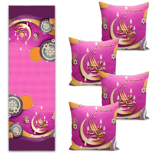 Mubarak Ramadan Kareem Digital Printed Modern Runner and Cushion Pillow Cover Set - TryAladdin