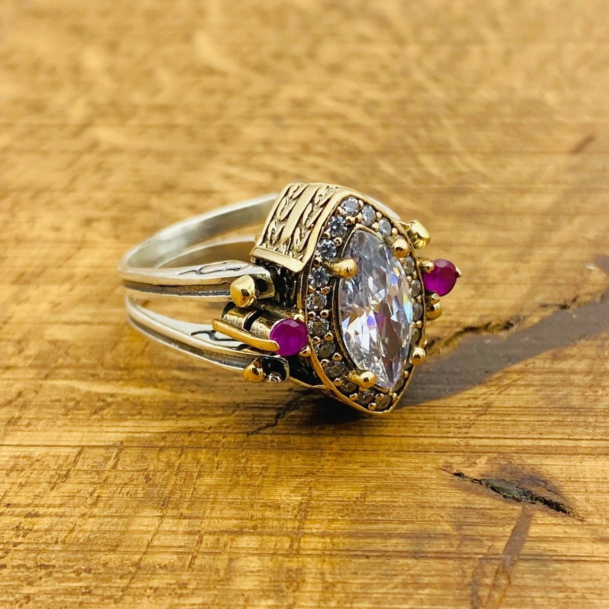 Multi Stone Reversible Ring, Red Ruby and White Zircon