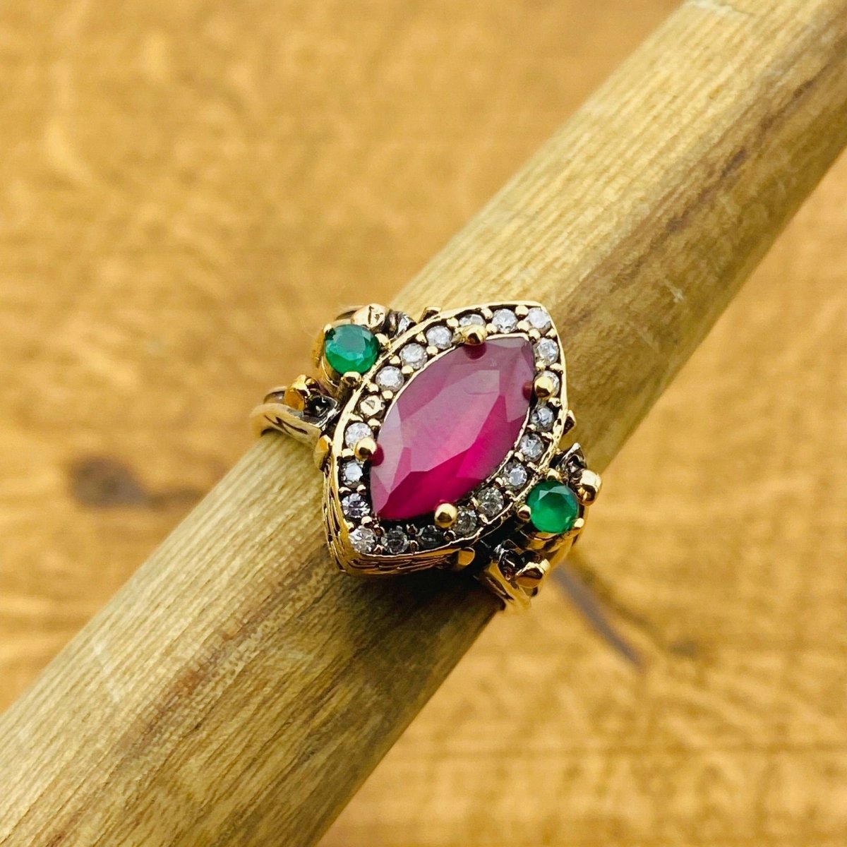 Multi Stone Ring, Green Emerald and Pink Ruby - TryAladdin