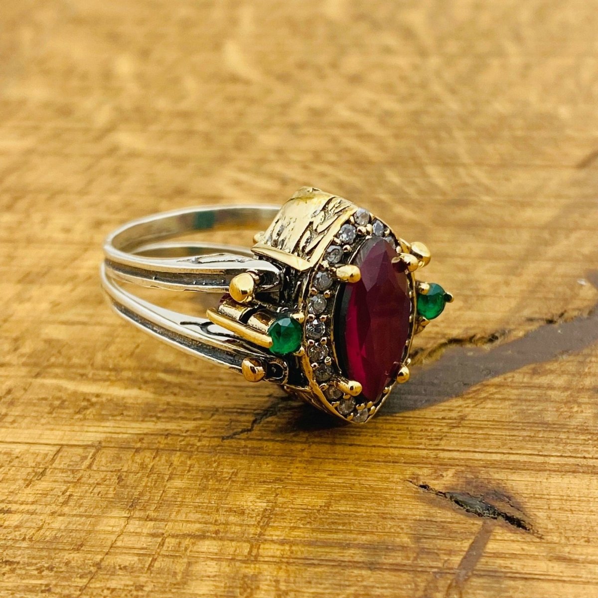 Multi Stone Ring, Green Emerald and Pink Ruby