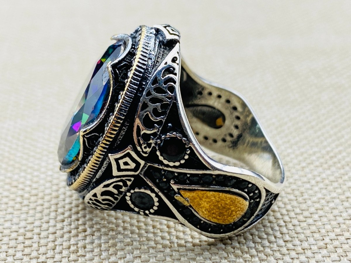 Mystic Topaz Stone Men's Silver Ring