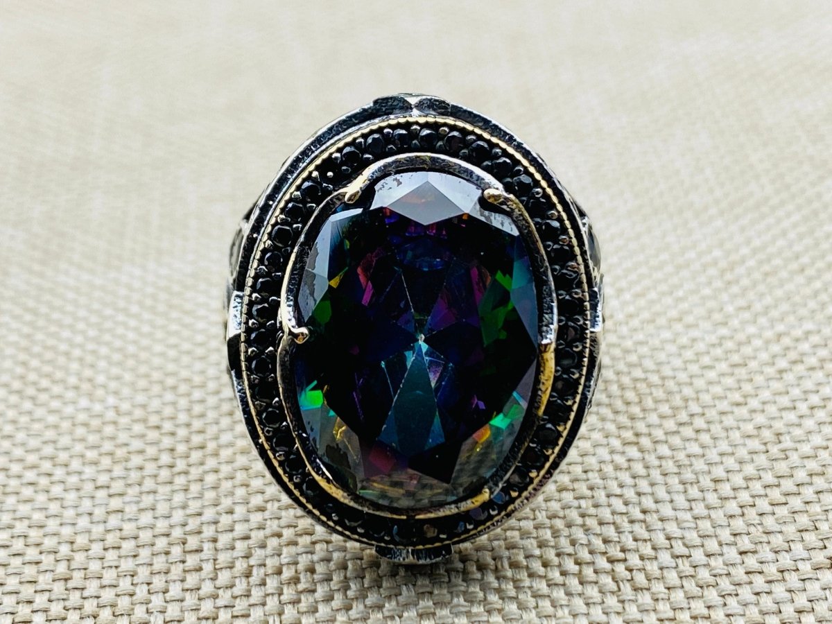 Mystic Topaz Stone Men's Silver Ring