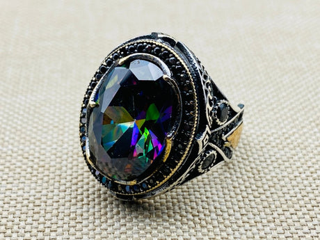 Mystic Topaz Stone Men's Silver Ring