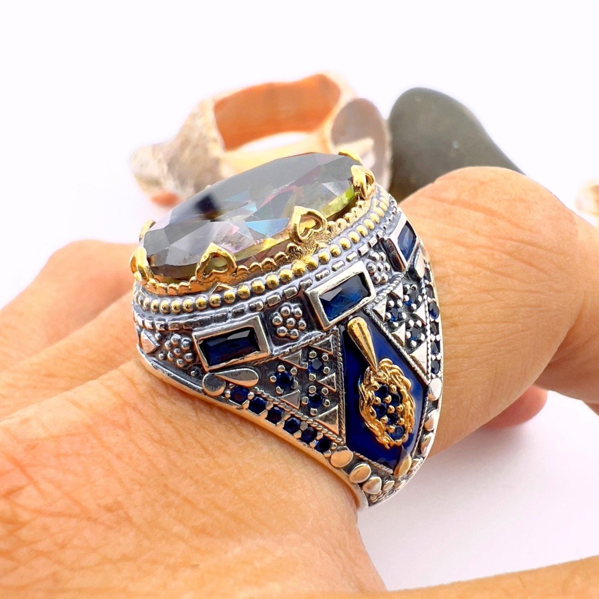 Mystic Topaz Stone Men's Turkish Silver Ring