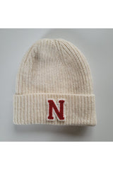 N Letter Ecru Wool Blend Knitted Beanie - Standard Size - TryAladdin
