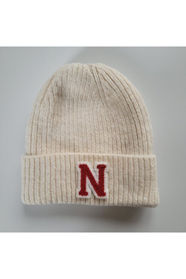 N Letter Ecru Wool Blend Knitted Beanie - Standard Size - TryAladdin