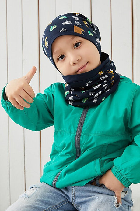 Navy Animal Print Beanie & Neck Warmer Set - 100% Cotton - TryAladdin