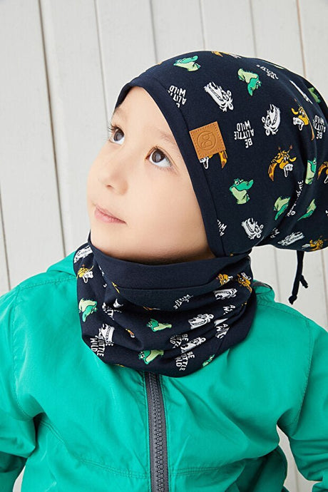 Navy Animal Print Beanie & Neck Warmer Set - 100% cotton - TryAladdin
