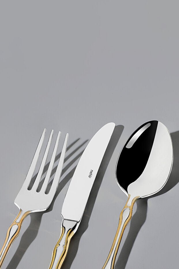 Nehir Adriana Premium Gold Plain Cutlery Set - 89 - Piece - TryAladdin