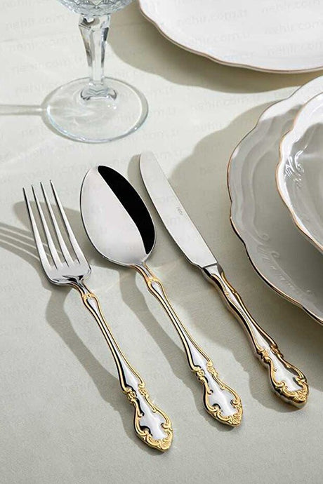 Nehir Adriana Premium Gold Plain Cutlery Set - 89 - Piece - TryAladdin