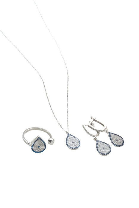 Nereze | Drop Nazar Evil Eye Model Earrings, Ring and Necklace Set