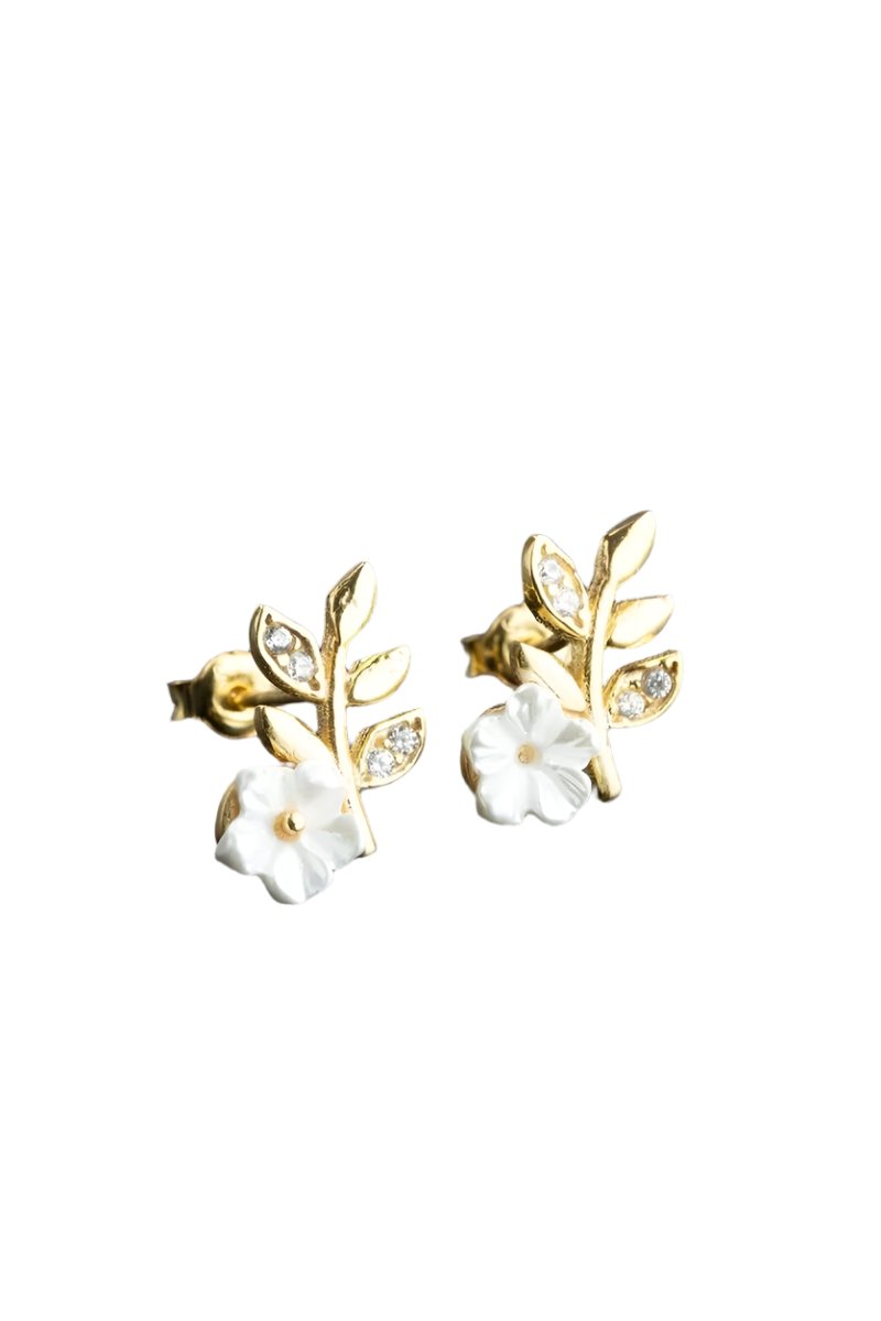 Nereze | Gold Plated Tiny Magnolia Flower Olive Branch Earrings - TryAladdin