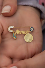 Nereze | Personalized Blue Feet Ayatal Kursi Named Silver Baby Pin