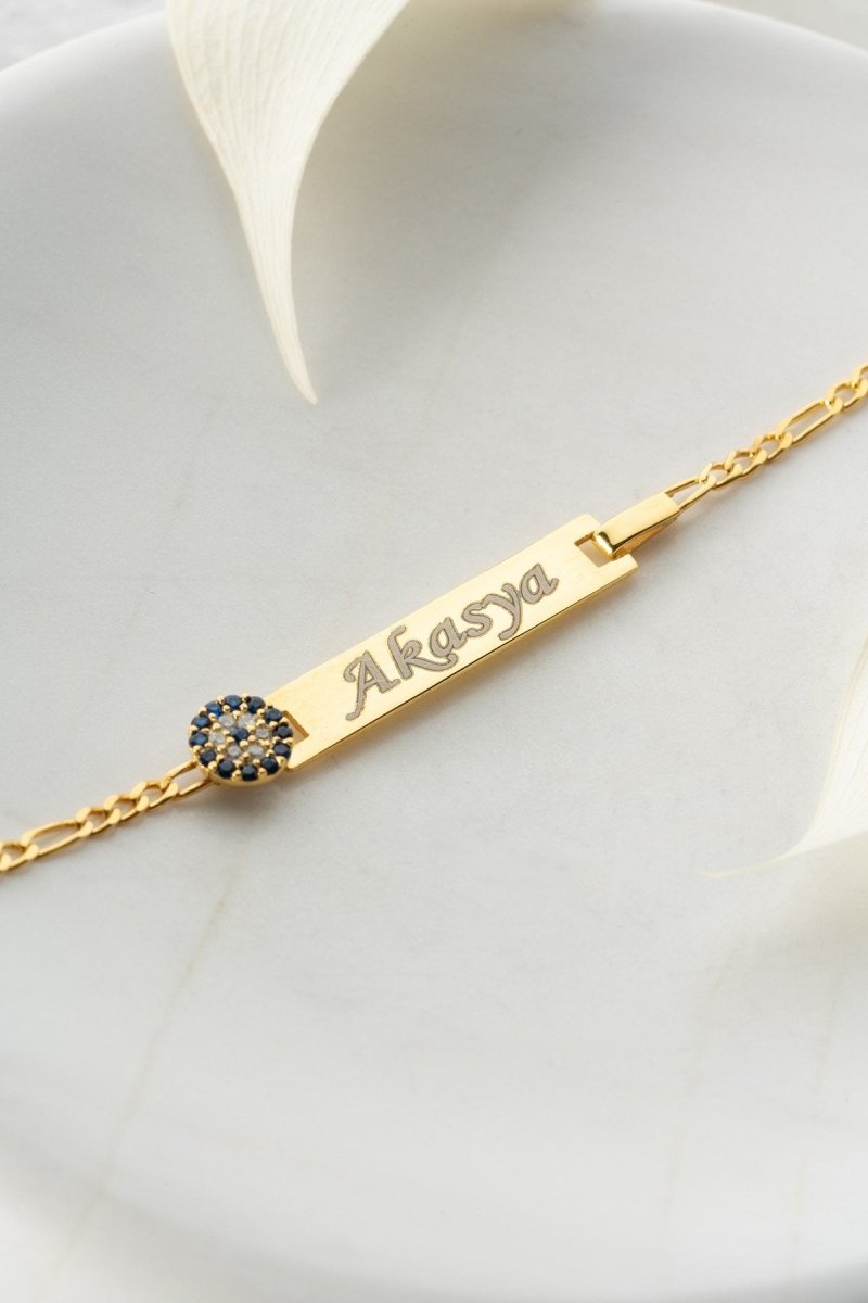 Nereze | Personalized Figaro Chain Nazar Evil Eye Bracelet for Children