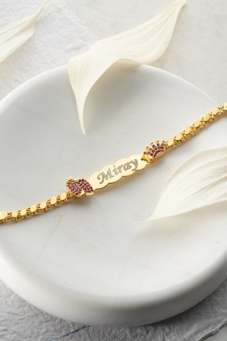 Nereze | Personalized Figaro Chain Pink Feet Named Kids Bracelet