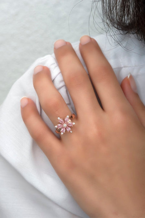 Nereze | Pink Stone Flower Adjustable Size Ring