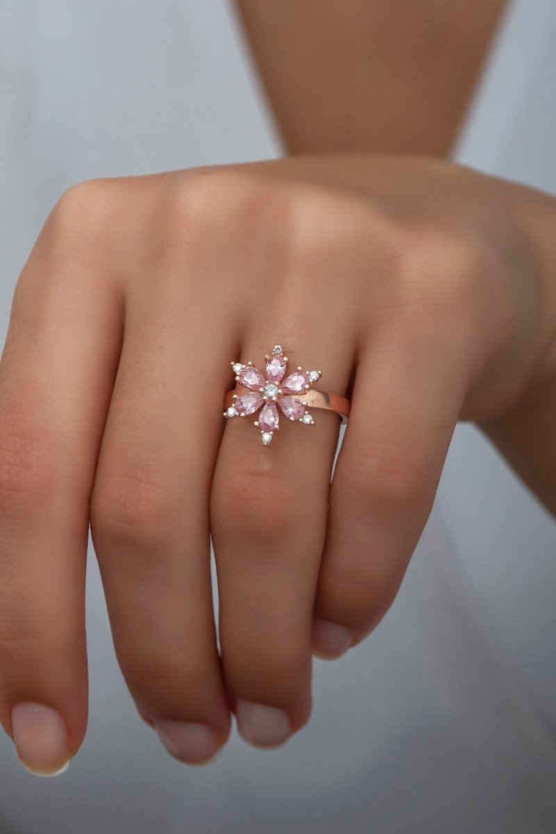 Nereze | Pink Stone Flower Adjustable Size Ring - TryAladdin