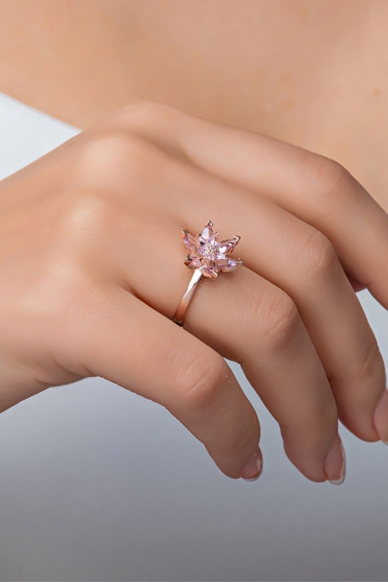 Nereze | Pink Stone Lotus Flower Adjustable Size Ring