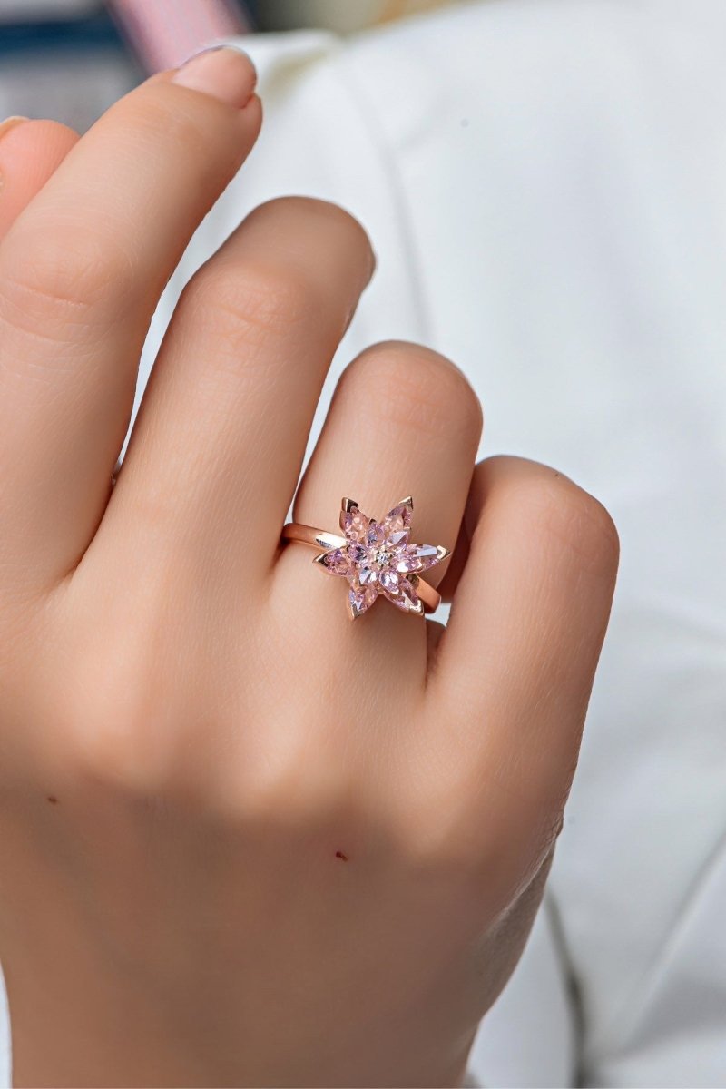 Nereze | Pink Stone Lotus Flower Adjustable Size Ring