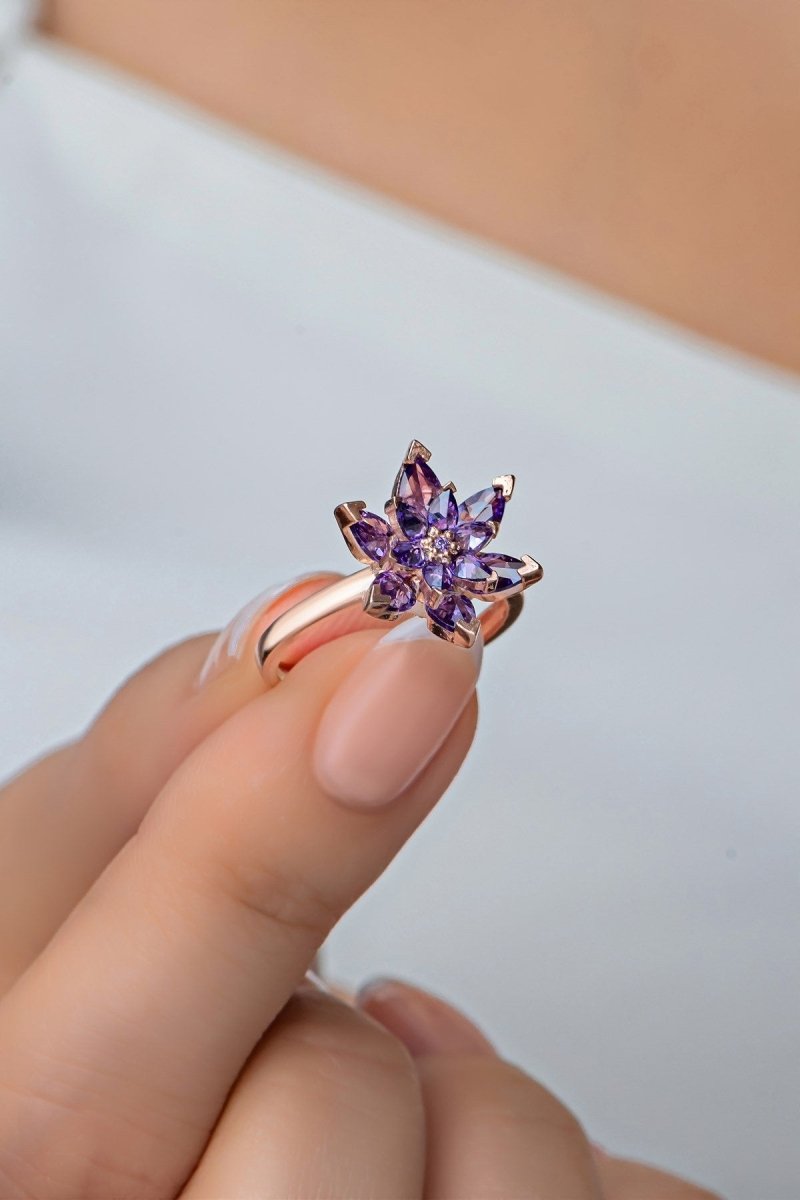 Nereze | Purple Stone Lotus Flower Adjustable Size Ring