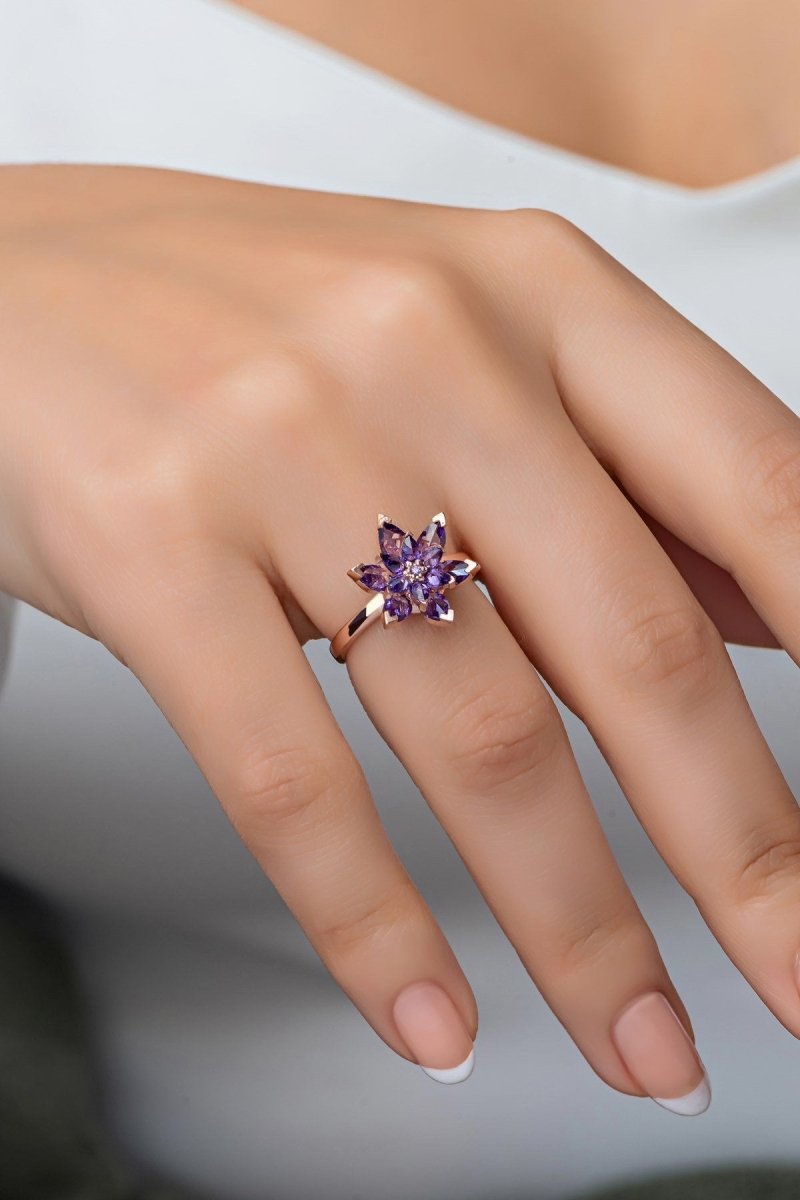 Nereze | Purple Stone Lotus Flower Adjustable Size Ring