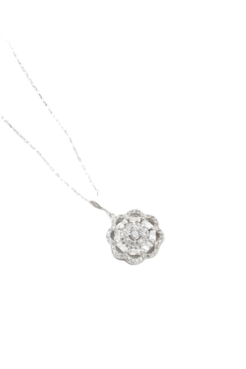 Nereze | Rhodium Plated Baguette Stone Flower Design Necklace