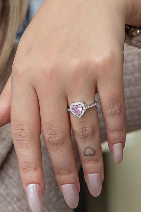 Nereze | Rhodium Plated Women's Silver Ring with Pink Stone Heart