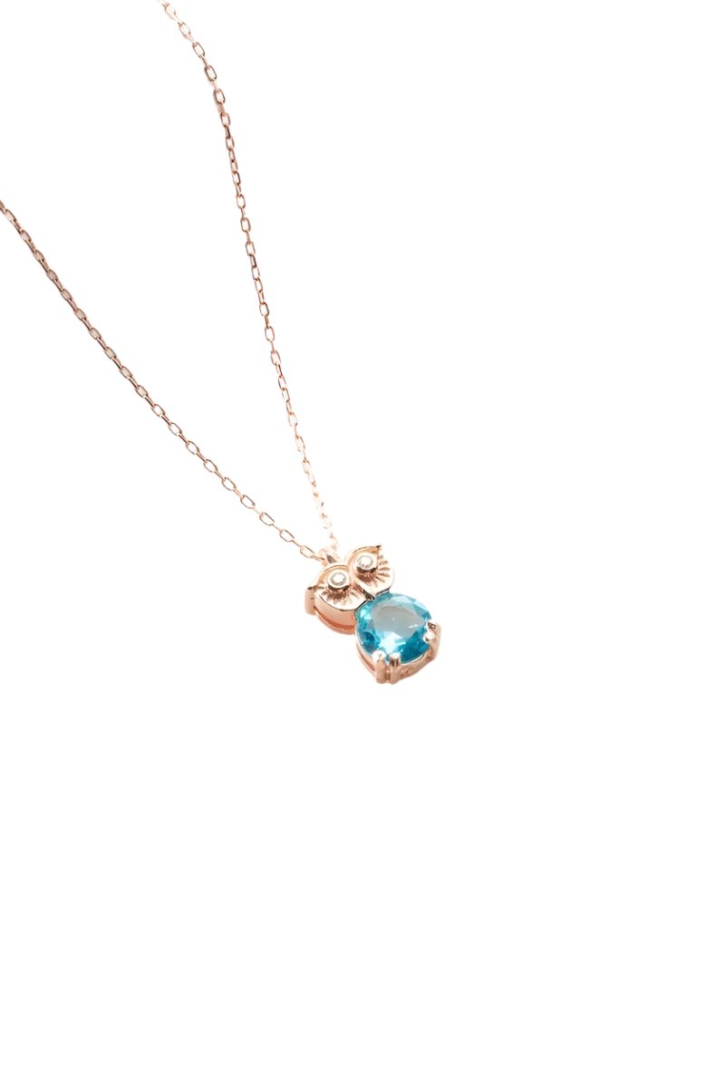 Nereze | Rose Plated Owl Necklace with Aquamarine Stone