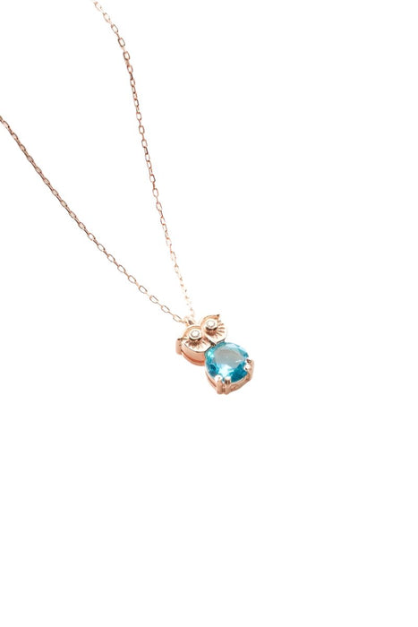 Nereze | Rose Plated Owl Necklace with Aquamarine Stone