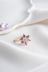 Nereze | Rose Purple and White Stone Lotus Flower Adjustable Size Ring