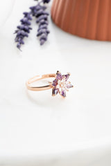 Nereze | Rose Purple and White Stone Lotus Flower Adjustable Size Ring