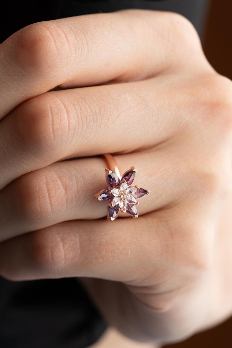 Nereze | Rose Purple and White Stone Lotus Flower Adjustable Size Ring