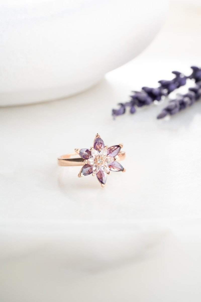 Nereze | Rose Purple and White Stone Lotus Flower Adjustable Size Ring